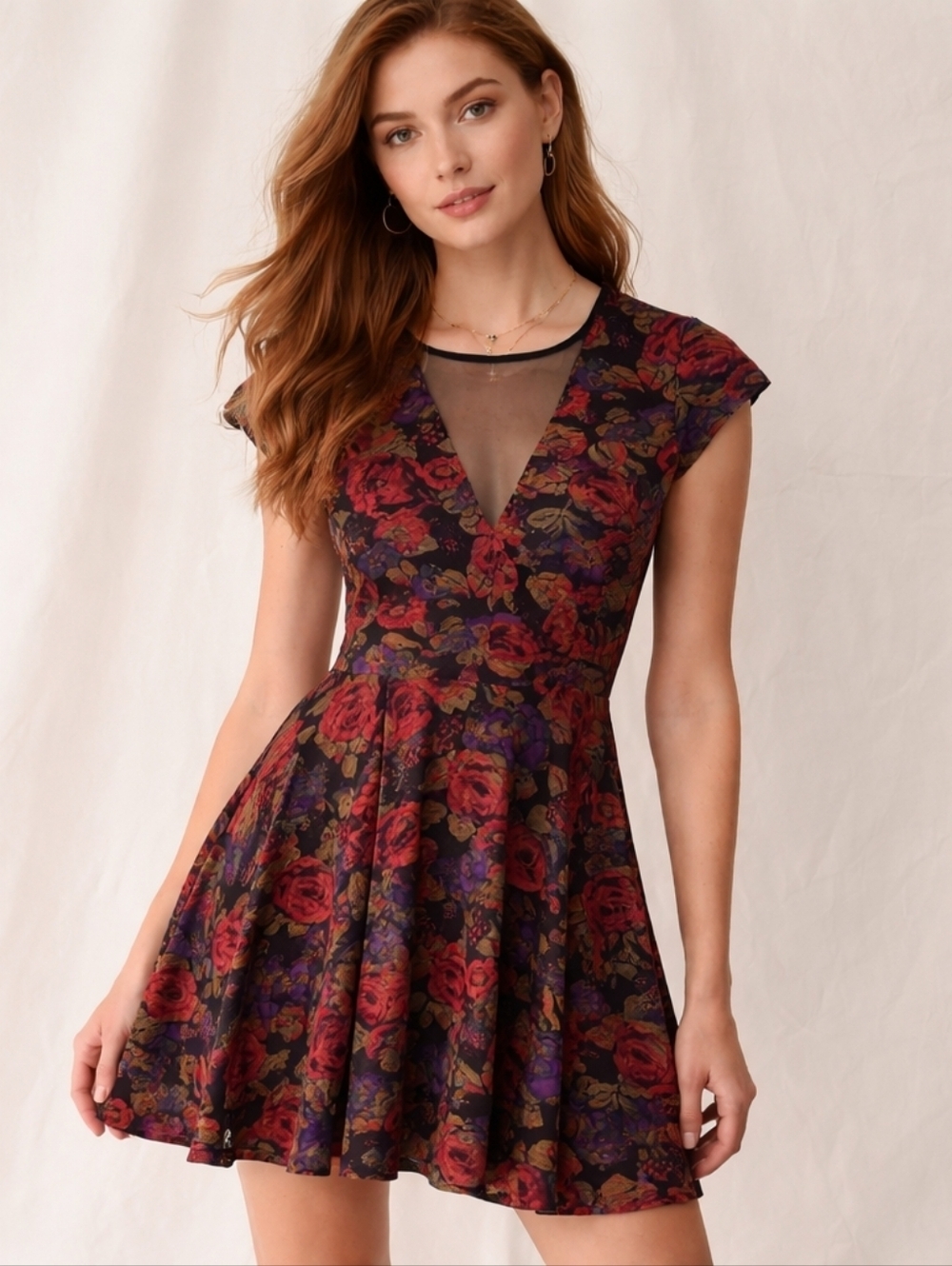 Kimchi Blue Floral Fit Flare Dress Small Mesh V Neck Skater Boho